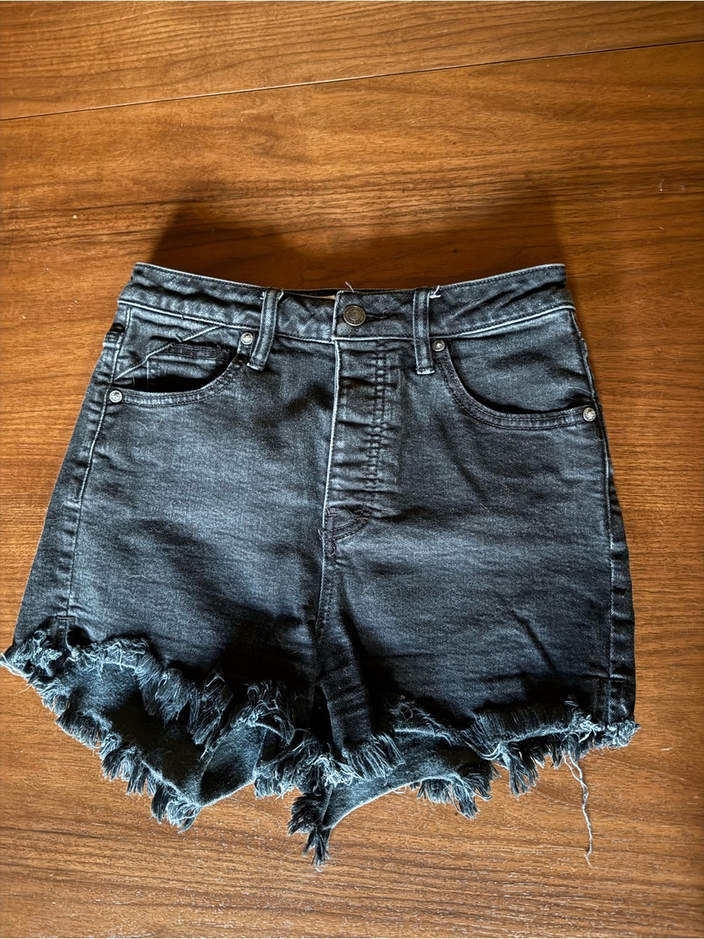 Free People Black Distressed High-Rise Denim Shorts